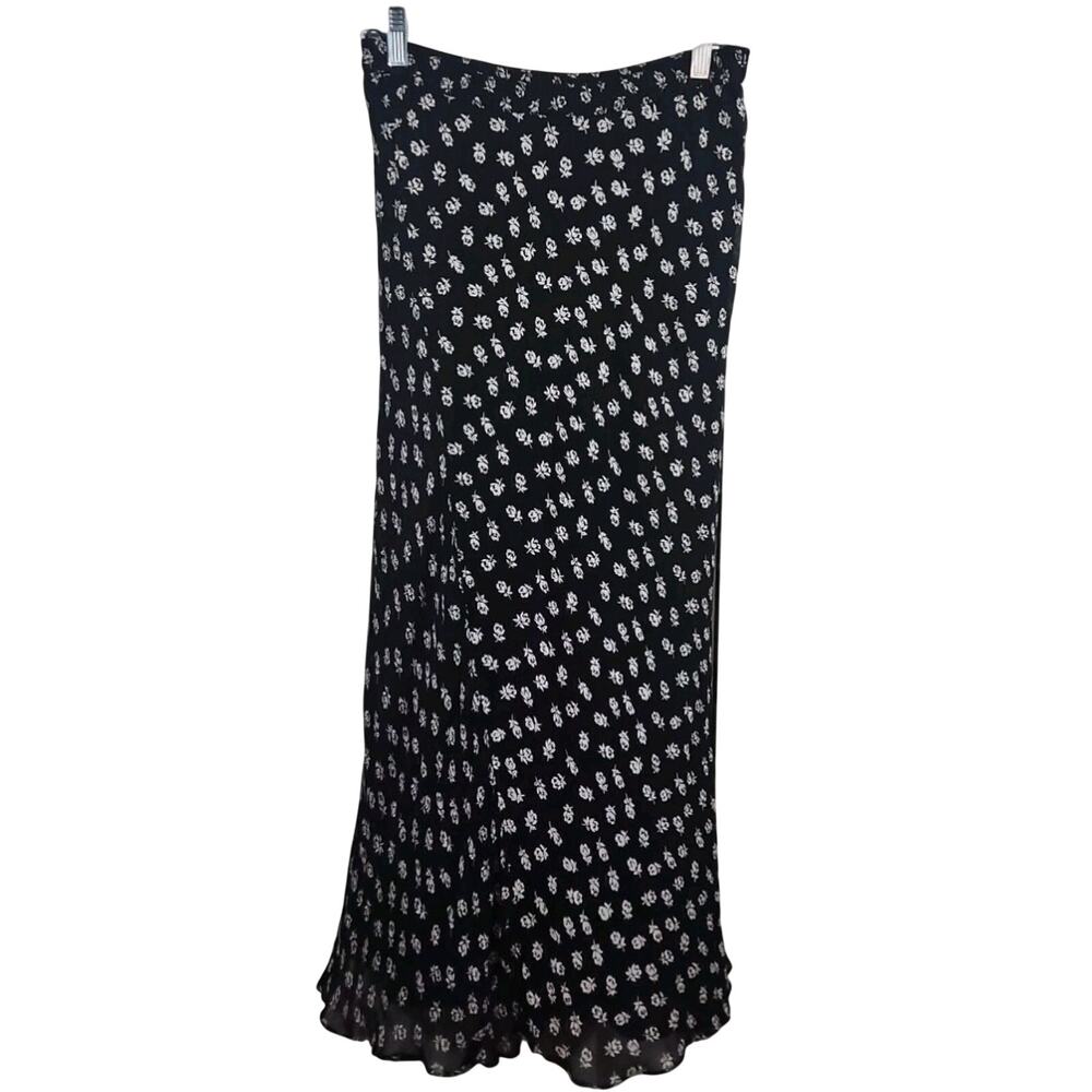 Cottagecore Vtg 90s Minimalist Black Ditsy Floral Maxi Skirt M Whimsigoth Witchy